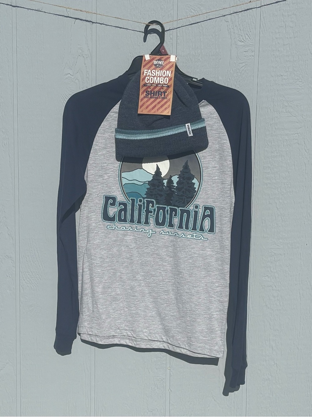 Mens California Graphic Long-Sleeve Raglan Shirt with Beanie  - Navy/Grey